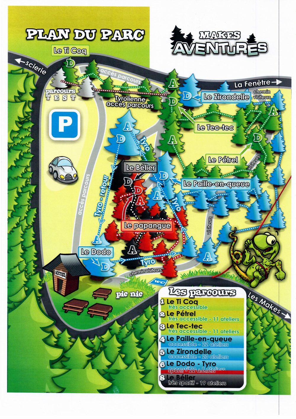 Plan du parc Makes Aventures et liste des parcours